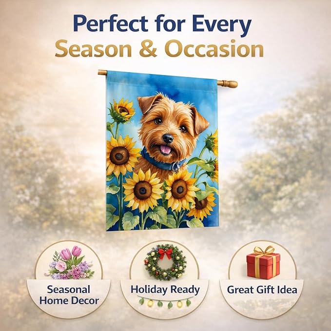 Caroline's Treasures DAC6125CHF Norfolk Terrier in Sunflowers House Flag Large Porch Sleeve Pole Decorative Outside Yard Banner Artwork Wall Hanging, Polyester, House Size, Multicolor