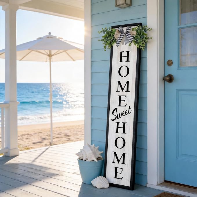 Welcome Sign for Front porch Standing 45"X9" Double-Sided Wood Frame Outdoor Tall Welcome Signs Vertical Decor for Farmhouse Rustic Home Modern Outside Front Door Wall Decorations