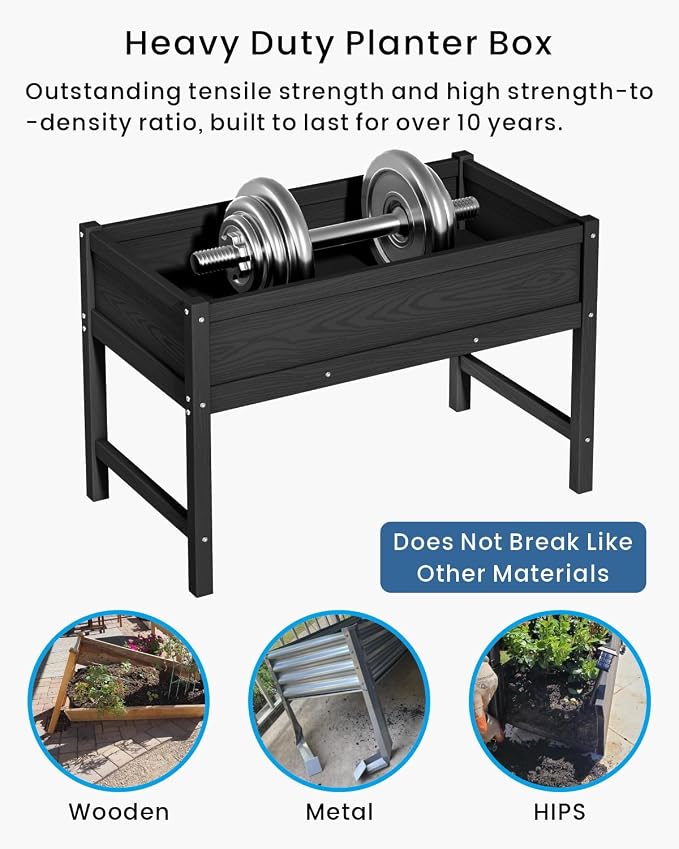 Weatherproof Raised Garden Bed, HDPE Outdoor Elevated Planter Box with Legs, Garden Box, Flower Beds for Patio, Deck, Balcony (Black)