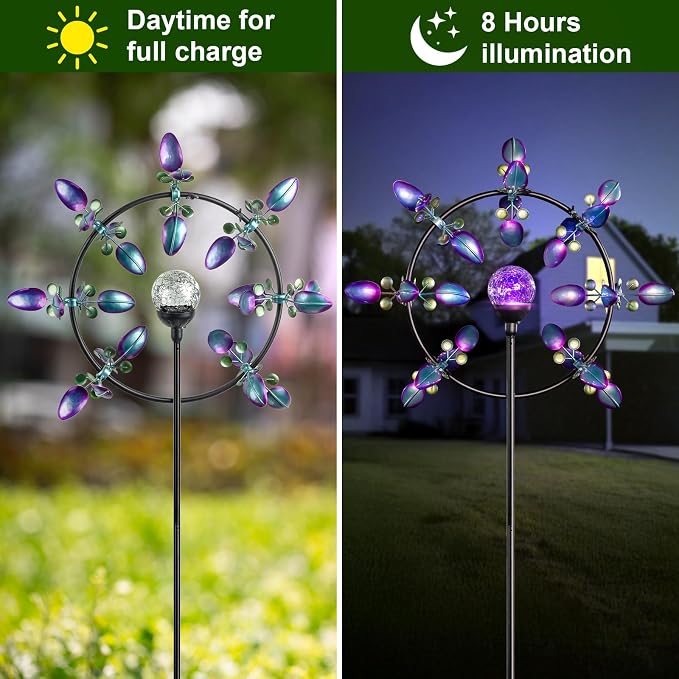 Large Peacock Solar Wind Spinner Outdoor - Metal Kinetic Sculptures with Color-Changing Glass Ball, Dual Direction Spinning Garden Art Decor, Waterproof Lighted Windmills for Patio, Yard, Lawn