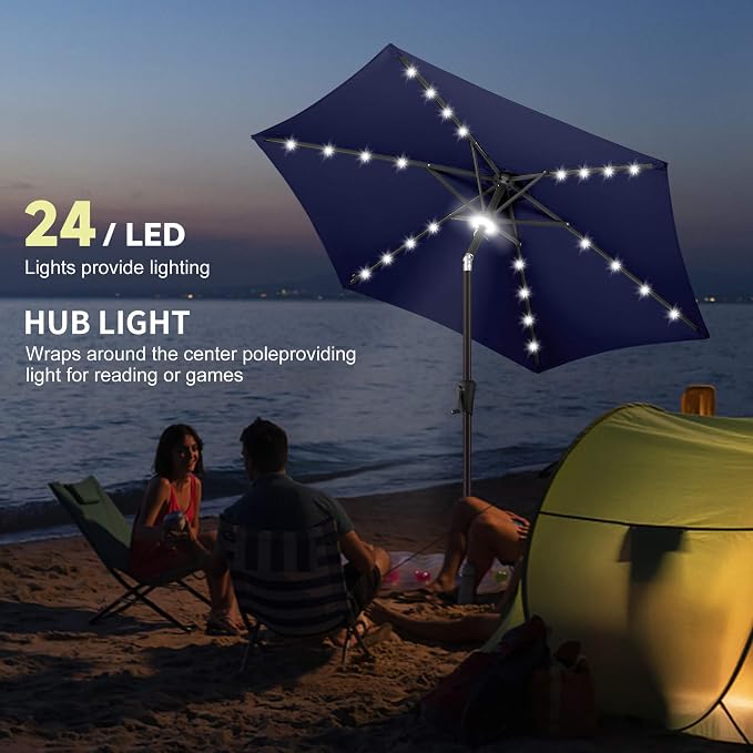 7.5ft Solar Umbrella Outdoor - Lighted Solar Patio Umbrella with 24 LED Lights Waterproof UV Protection, Table Umbrella with Tilt for Pool, Porch, Garden, Deck, Backyard (Navy Blue)