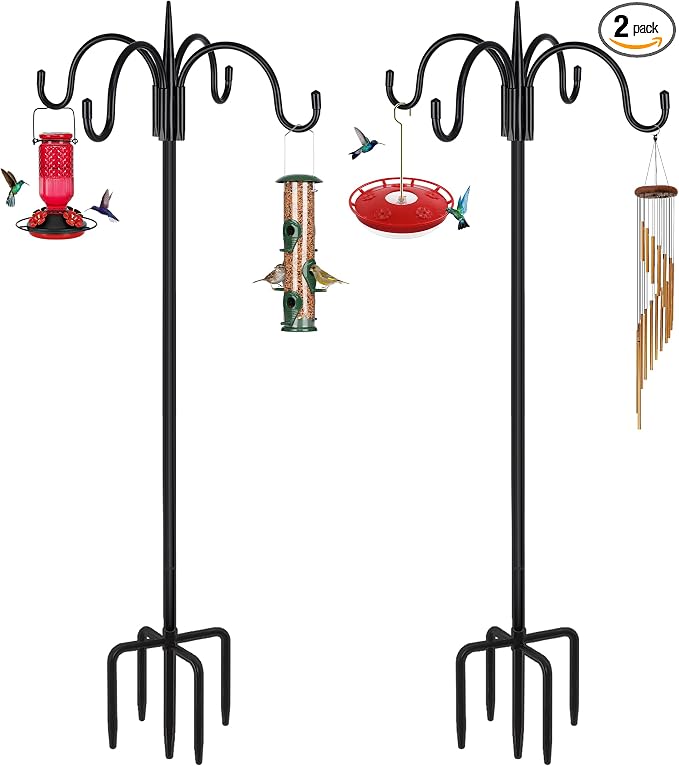 FEED GARDEN Heavy Duty Shepherds Hook 2 Pack 92" Four Hooks Adjustable (44/60/76/92") - Metal 5-Prong Base, 17lb Capacity - Easy Assembly Bird Feeder Pole for Hanging Planters, Lanterns, Wind Chimes