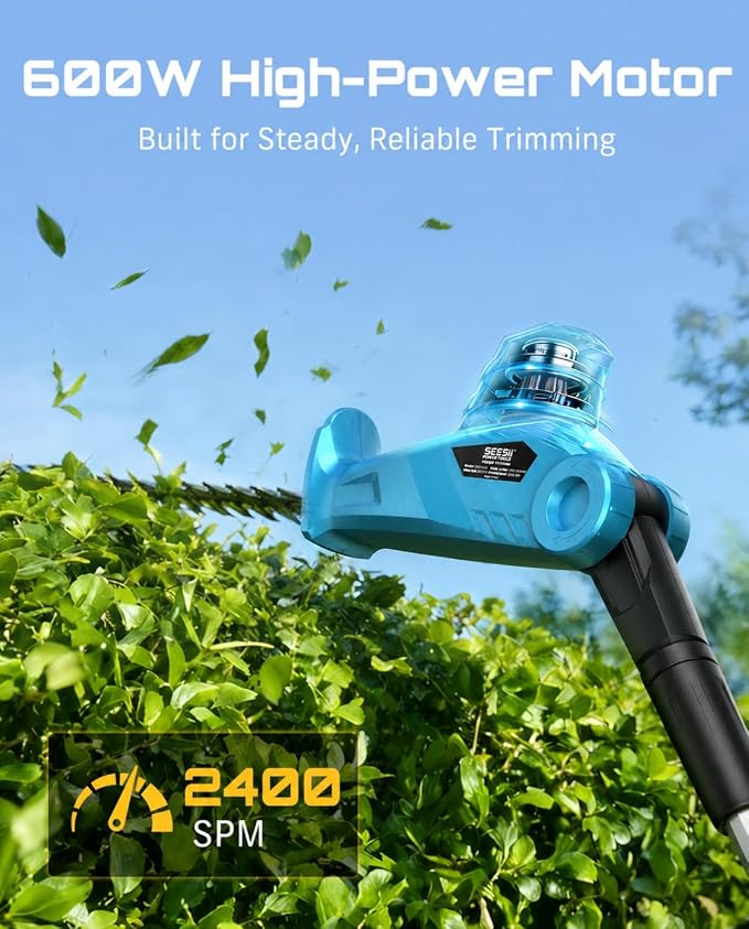 SEESII Cordless Pole Hedge Trimmer: Electric Bush Trimmer with 20" Dual-Action Blade, 2×4000mAh Battery, 8FT Telescopic Pole, Adjustable Rotating Head, Battery Powered Hedge Clipper for Shrub Trimming