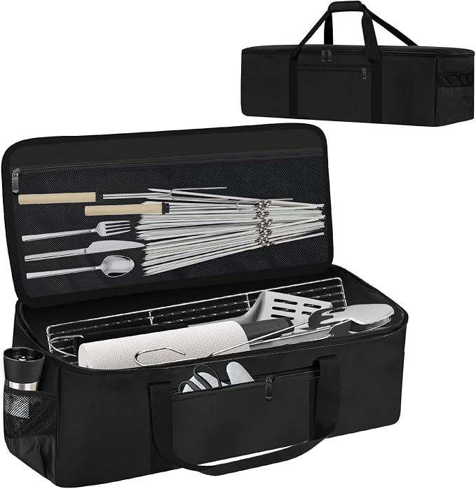 Grill Tool Storage Bag, Outdoor BBQ Utensil Storage with Pockets for BBQ Tools up to 22", Large Grilling Utensil Holder Storage Caddy, Barbecue Tool Sets Case for Camping Picnic,Bag Only,Black