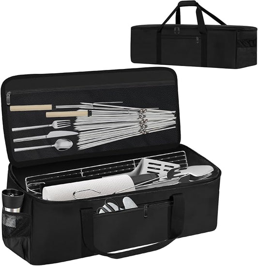Grill Tool Storage Bag, Outdoor BBQ Utensil Storage with Pockets for BBQ Tools up to 22", Large Grilling Utensil Holder Storage Caddy, Barbecue Tool Sets Case for Camping Picnic,Bag Only,Black