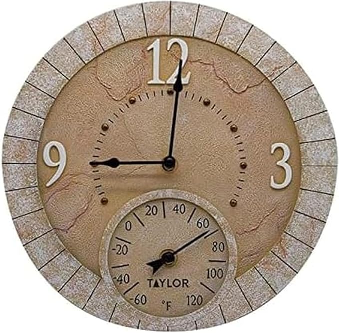 Taylor Terra Cotta Poly Resin Indoor and Outdoor Clock and Thermometer, Home Decor for Garden, Patio, Pool, and Indoor Areas, 14-inch, Multi-Color