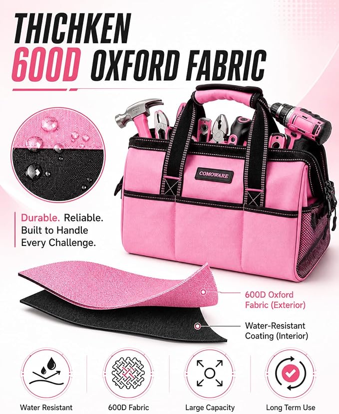 COMOWARE 13-Inch Tool Bag, Pink Soft Storage Bags with Inside Pockets, Wide Mouth Pink Tool Tote Bag
