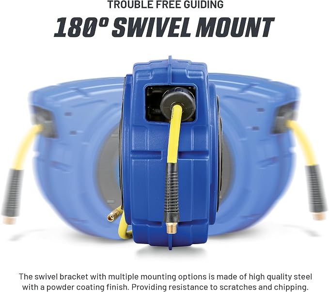 Goodyear Air Hose Reel Retractable 3/8" Inch x 65' Feet Premium Commercial Flex Hybrid Polymer Hose Max 300 Psi Heavy Duty Spring Driven Polypropylene Construction w/Lead-in Hose and PVC Handle