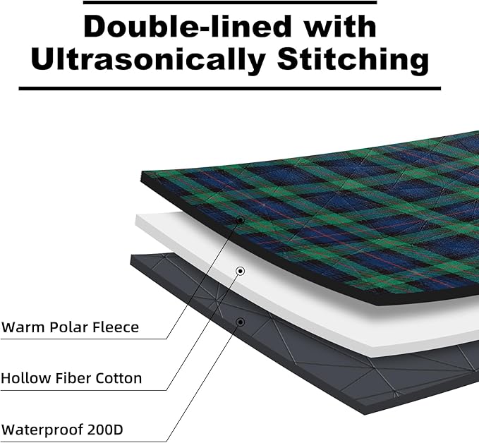 Large Waterproof Outdoor Blanket Thick Fleece 80" x 58" | Windproof Stadium Blanket, Wearable Poncho, Machine Washable for Camping, Car, Pet, Picnics - Green Check