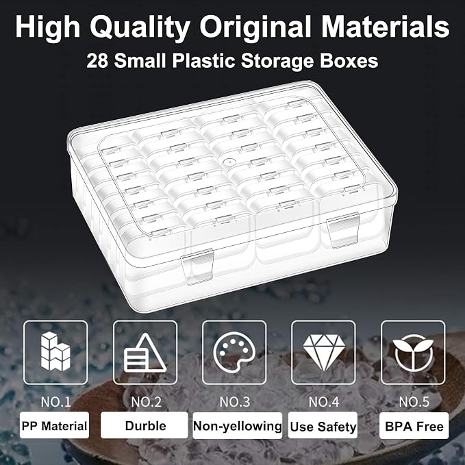 Bead Organizer Box, 28Pcs Small Clear Plastic Storage Containers, 1 Large Craft Organizer Box, 1 Sheet Label, Mini Parts Storage Solution for Beading Jewelry Making Diamond Arts Screws Seeds