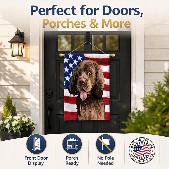 Caroline's Treasures CK6729CHF Sussex Spaniel Dog American Flag House Flag Large Porch Sleeve Pole Decorative Outside Yard Banner Artwork Wall Hanging, Polyester, House Size, Multicolor