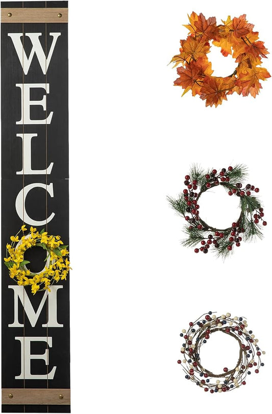 Glitzhome 60”H Welcome Sign for Front Door Porch Farmhouse Wooden Hanging Wall Sign with 4 Interchangeable Floral Wreaths for Seasons Spring Summer Fall Harvest Thanksgiving Christmas Home Decor