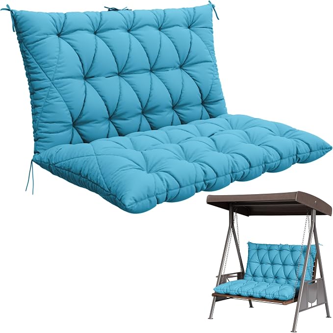 Porch Swing Cushion with Backrest,Waterproof Bench Cushion for Outdoor Furniture,2-3 Seater Replacement Thickened 5 in swing cushion,with Ties,Patio,Outdoor,Backyard and Garden (Lake Blue,47x40 in)