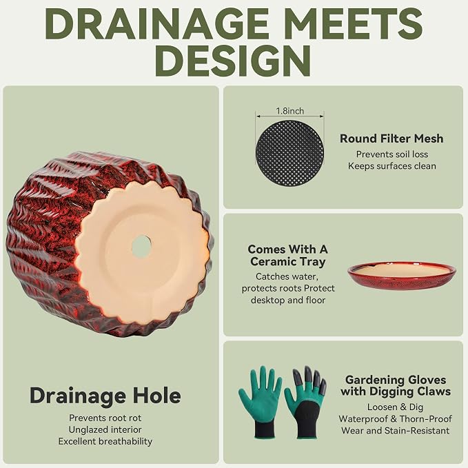 10 Inch Ceramic Planter Pot with Saucer Drainage Leak-Proof Mesh,Flower Pots for Indoor Plants with Gardening Gloves,Ceramic Planter(Spotted Red)