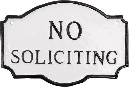 Montague Metal Products Montague No Soliciting Statement Plaque, Cast Metal No Soliciting Statement Plaques - WALL Display Plaque - Warning Signs - Business - Easy to Install - UV Resistant (White with Black Letter, 4.5" x 7.15")