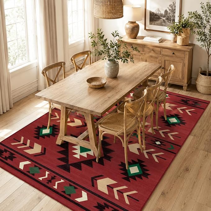 Western Area Rug 4x6 for Living Room, Southwestern Aztec Tribal Area Rugs Southwest Navajo Machine Washable Rug Non-Slip Printed Low-Pile Floor Carpet for Bedroom Dining Room Office, Red