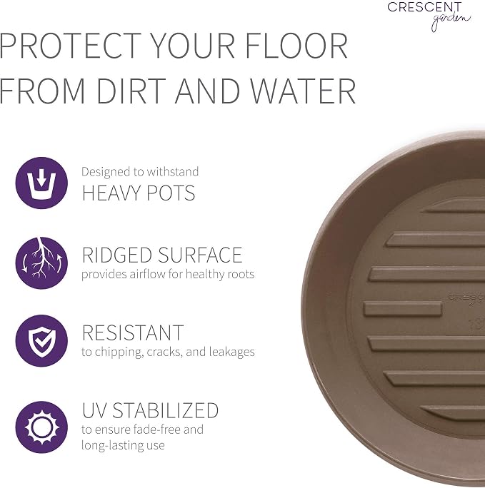 Crescent Garden Universal Round Planter Saucer, Durable Drainage Dish for Plant Pots, Heavy-Duty Plant Dishes Saucer, Indoor & Outdoor Plant Trays - Mocha (11 inch Inner, 15 inch Outer Diameter)