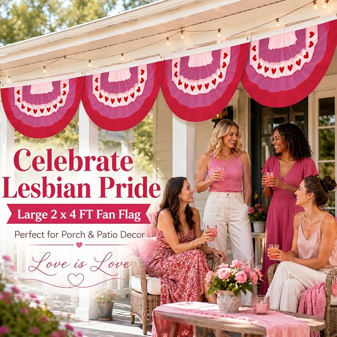 4Pack Lesbian Pride Bunting Flag 2 x 4 Ft, Pink Red White Heart Pleated Fan Flag for Pride Month, WLW Wedding Decorations, LGBTQ Love Party Banner, Same-Sex Wedding, Porch Wall Fence Decor