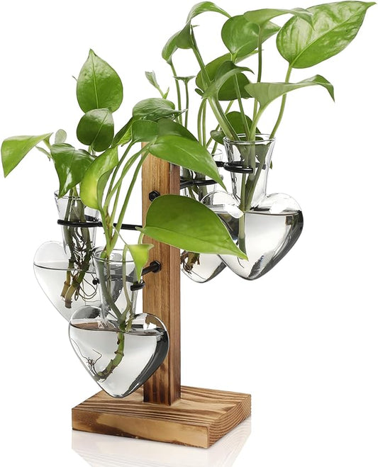 Plant Terrarium Propagation Stations with Wooden Stand | Glass Vase for Indoor Hydroponics Home Garden Office Decoration Gift for Women - 4 Love Bulb Vase