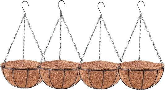LaLaGreen Hanging Baskets for Plant Outdoor (20 Inch, 4 Pack) Extra Large Black Metal Wire Hanging Planter with Coco Liner Round Flower Pot Holder Hanger Deck Porch Modern Garden Balcony Country Decor