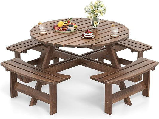Giantex 8-Person Round Picnic Table Set with 4 Benches, 550 LBS Bench Capacity, 2" Umbrella Hole, Circular Outdoor Wood Dining Table & Chairs for Patio Yard Garden Porch Deck (71”x71”x28”,Brown)