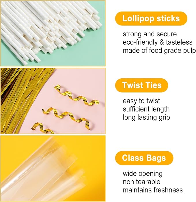 1500Pcs White Lollipop Sticks, 6IN Cake Pop Sticks with Clear Treat Bags & Gold Twist Ties for Candy Making Accessories
