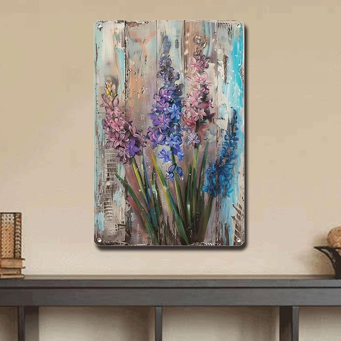 Metal Sign Tin Sign Vintage Wall Art Vintage Hyacinths Tin Sign for Rustic Wall Art Shabby Chic Style and Corrosion Resistant Aluminum Minimalist Wall Art for Restaurant 8×12 Inches