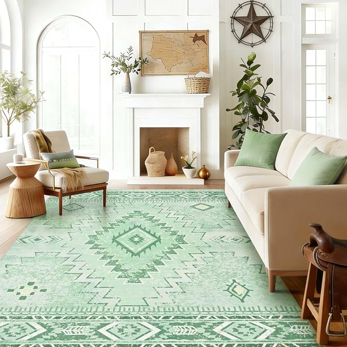 Yinhua Sage Green 8x10 Rugs for Living Room, Western Area Rug Washable | Non-Slip Southwestern Rug Low Pile, Soft Non-Shedding Boho Rugs for Dining Table Office Nursery