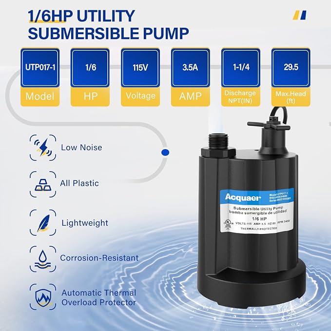 Acquaer Submersible Water Pump 1/6 HP Sump Pump Thermoplastic Utility Pump Small Electric Water Pump 1750GPH Water Remove for Basement Hot Tubs Garden Pool Cover Draining with 10 ft Cord | Thermoplastic Utility Pump Electric Water Pump Water Remove for...