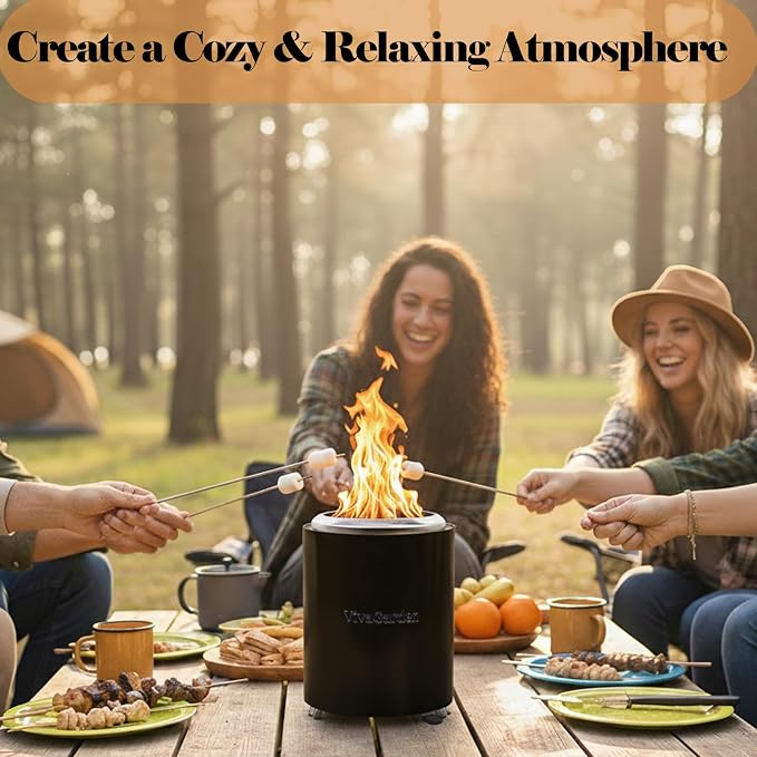 Portable Tabletop Fire Pit, VivaGarden Smokeless Table Top Fire Pit, Wood Burning & Pellets Outdoor Camping Stove with Carry Bag, Forks and Mat (9.7x7.1 Inch, Black)