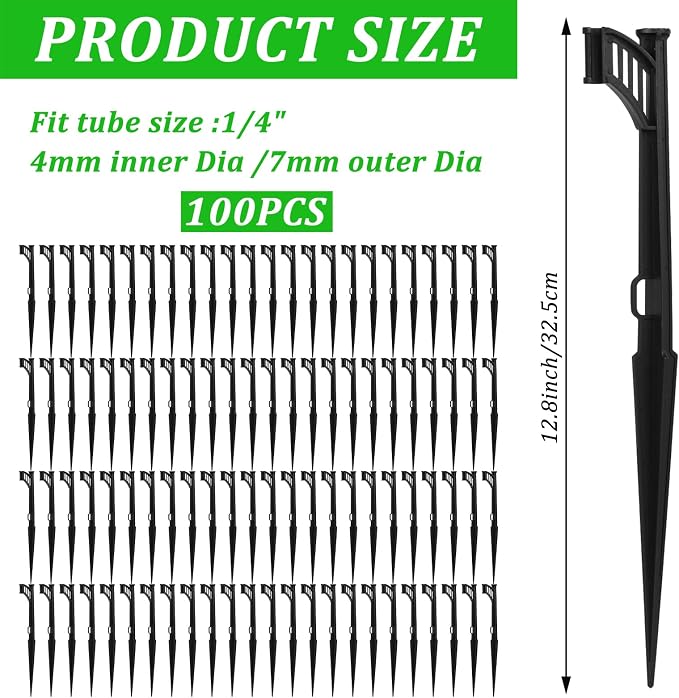 100 Pcs 12.8" Irrigation Drip Support Stakes 1/4 Inch Drip Irrigation Stakes for 1/4 Inch Drip Irrigation Tubing Hose Holder Drip Irrigation Support Stakes for Gardens Irrigation Supplies