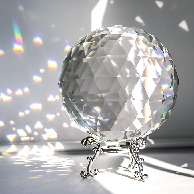 Tirifer Clear Glass Crystal Ball Prisms with Stand, Window Rainbow Maker Sphere Faceted Gazing Ball for Home Décor, Christmas, Wedding, Suncatcher (120mm/4.72in)