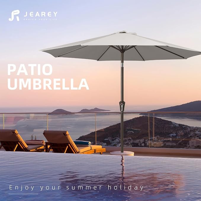 JEAREY 9FT Outdoor Patio Umbrella Outdoor Table Umbrella with Push Button Tilt and Crank, Market Umbrella 8 Sturdy Ribs UV Protection Waterproof for Garden, Deck, Backyard, Pool (Fog Gray)