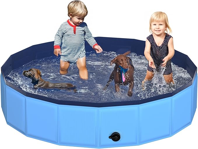 CACSPS 79" x 12" Foldable Dog Pool - Collapsible Hard Plastic Kiddie Pool for Dogs & Kids, Non-Slip Pet Bath Tub for Outdoor Backyard Use, Lightweight & Portable (Blue)