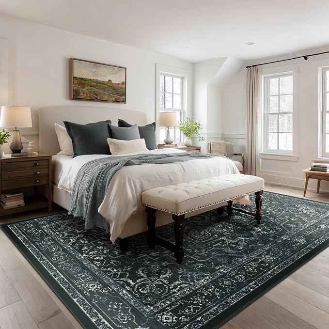 Dark Distressed Washable Area Rugs 9x12 Living Room, Black Vintage Medallion Printed Big Carpet Rugs for Bedroom, Washable Non Slip Low Pile Thin Rugs for Dining Room Home Office