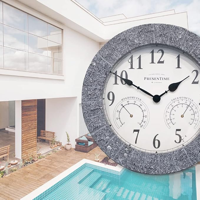 Presentime & Co Sandstone Outdoor Clock with Thermometer & Hygrometer as All in one Weather Station, 14", Gray Sandstone Finish. Weather Thermometer, Outdoor Décor, Wall Décor.