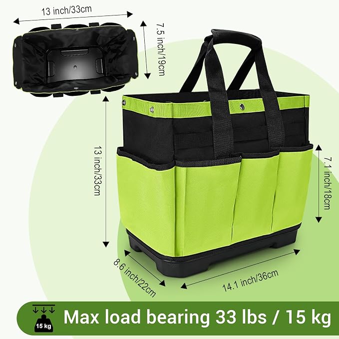 Garden Tool Bag with Waterproof Plastic Base, Heavy Duty Oxford Garden Tote Caddy with 8 Pockets, Standable Home Tool Kits Organizer for women and men (Tools are not included)