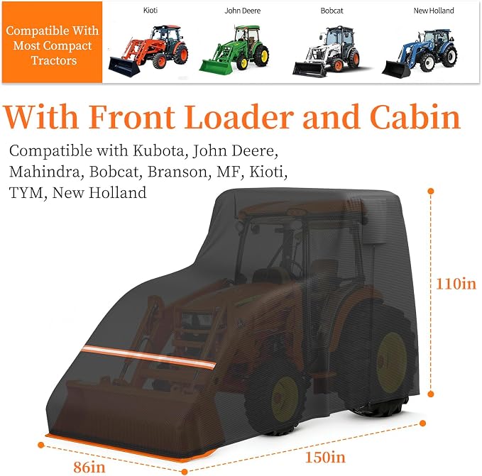 STARTWO Full Tractor Cover Waterproof Heavy Duty, Universal Fits Most Compact Utility Tractors with Cabin, UV Protection, Dustproof, with Air Vents & Reflective Strips,150 L x 75 W x 110 H in