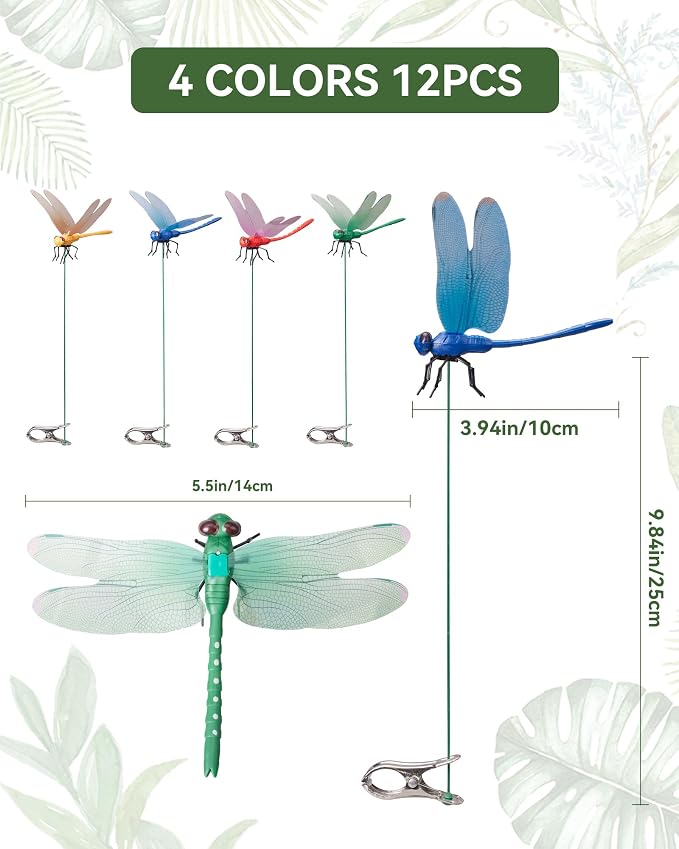 12 Pack Dragonfly Clips for Bugs Repellent, Fake Dragonflies with Stakes, Dragonfly Clip Bug Repellent, Dragon Fly Deterrent Clips for for Yard, Hat, Horse and Deer, Indoor & Outdoor Garden Decor