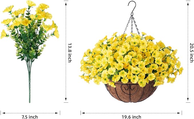 Artificial Fake Hanging Flowers Plants Baskets for Spring Outdoors Decor, Faux Silk Morning Glory in Planter UV Resistant Realistic Outside Flowers for Outdoor Porch Patio Balcony Yard Home, Yellow