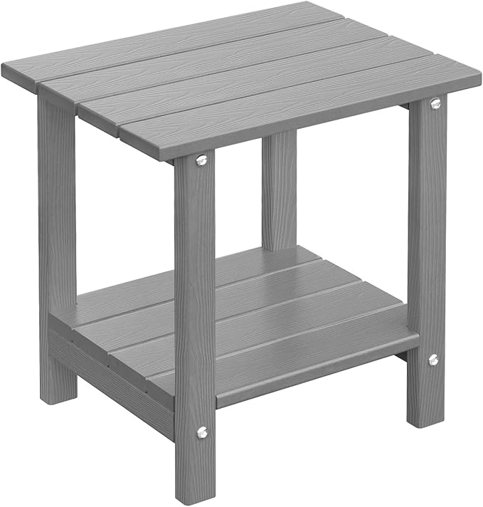 2 Tier Outdoor Side Table with Wood-Like Grain, 16.6" HDPE Adirondack Table Patio Side Table, Weather Resistant End Table for Pool, Patio & Porch, Small Outdoor Table (Grey, Rectangle)