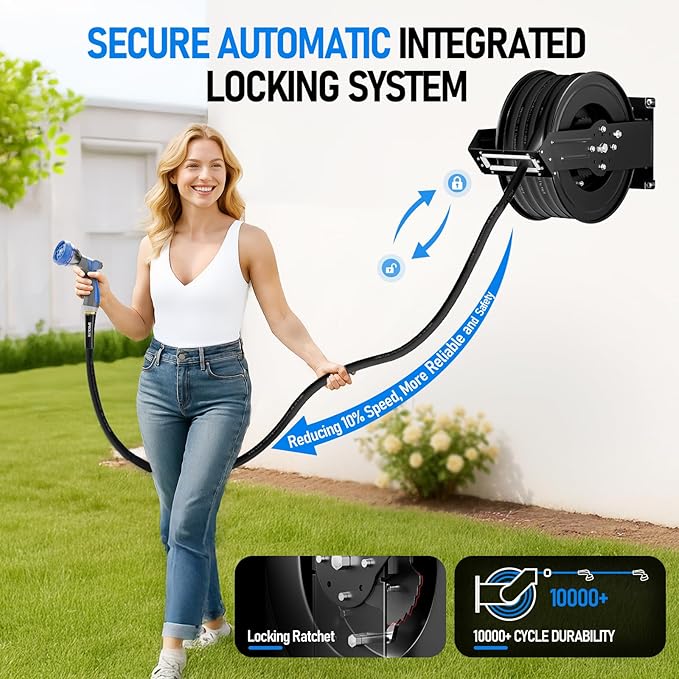 SPECILITE Retractable Hose Reel with 5/8'' Hot/Cold Garden Water Pipe 100ft, -50℉ -190℉, Heavy Duty Metal Wall Mount Spool, with 6ft Lead Hoses, Nozzle, 3/4'' Brass Fittings for Garage, Yard, Black