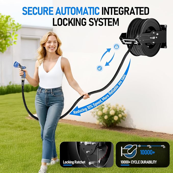SPECILITE Retractable Hose Reel with 3/4'' Hot/Cold Garden Water Pipe 65ft, -50℉ -190℉, Heavy Duty Metal Wall Mount Spool, with 6ft Lead Hoses, Nozzle, 3/4'' Brass Fittings for Garage, Yard, Black
