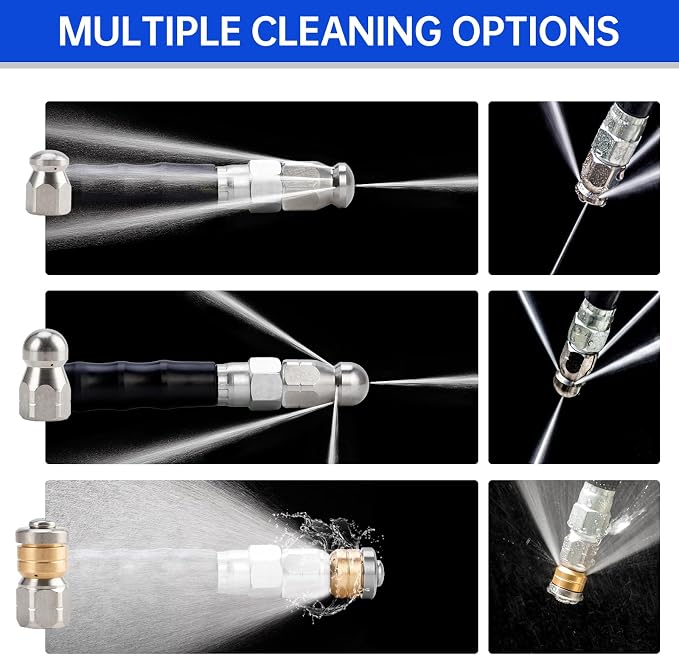 Sewer Jetter Kit 100FT for Pressure Washer, Pressure Washer Drain Jetter with 5800PSI Cleaner Hose 1/4 Inch NPT, Corner, Rotating & Button Nose Sewer Jetting Nozzle Spanner Waterproof Tape Pearl Pin