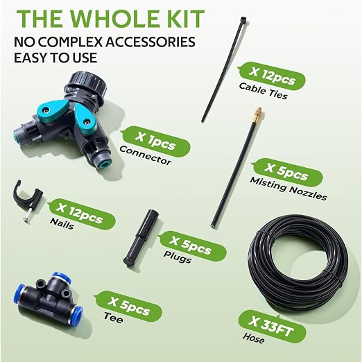 HIRALIY 33FT Garden Watering System with 5 360° Adjustable Copper Mist Nozzles, Quick-Connect Drip Irrigation Kit for Patio Pots, Small Greenhouses and Flower Beds