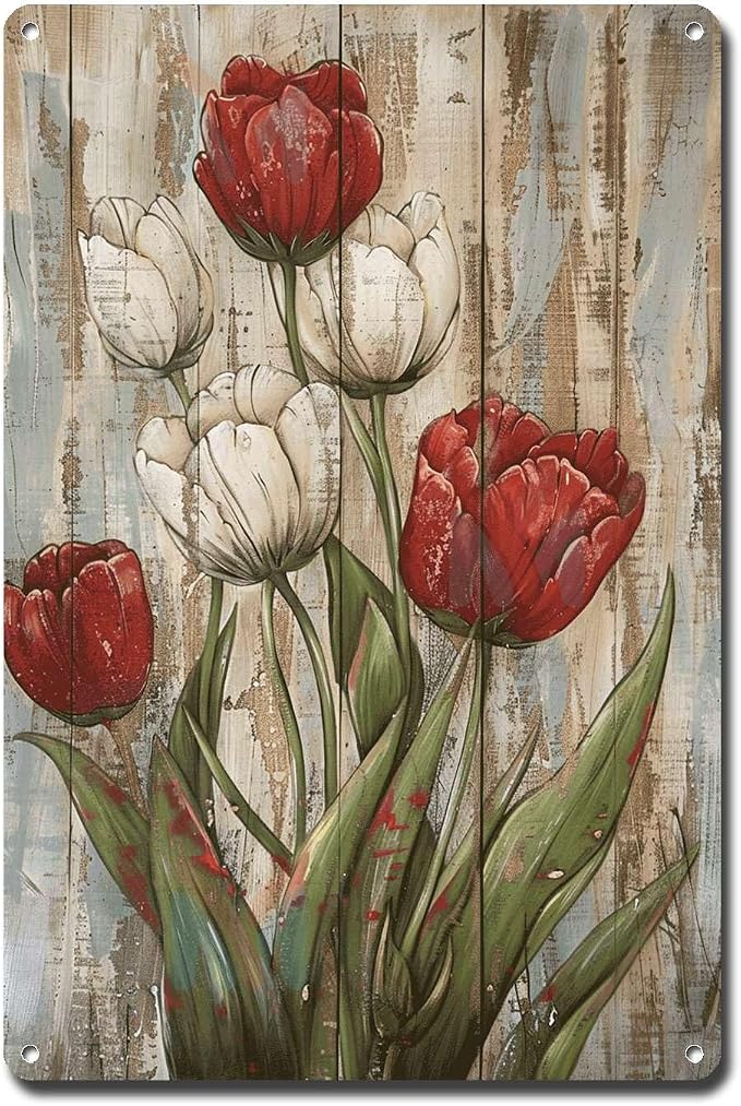 Metal Sign Tin Sign Vintage Wall Art Rustic Charm Tulips Tin Sign for Easy Installation Weather Resistant Design and Vintage Aesthetic Metal Garden Sign for Room 8×12 Inches