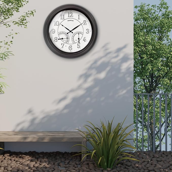 18 Inch Illuminated in/Outdoor Clock with Smart Sensor and Night Light, Waterproof, Large Wall Clock with Thermometer & Hygrometer for Patio,Pool and Garden Decor,Oil Rubbed Bronze