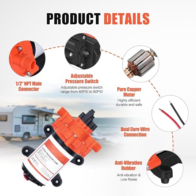 RV Water Pump on Demand Water Pressure Self-Priming Diaphragm Pump with Pressure Switch Quiet for Camper Marine Garden Boats Home Kitchen Bathroom Irrigation Rain Barrel (12V 3.5GPM 50PSI)
