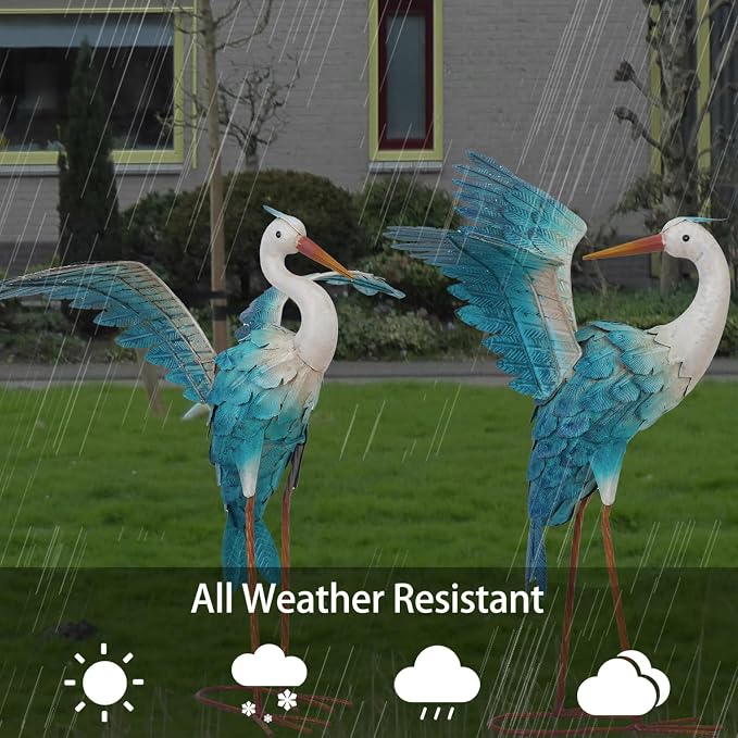 Natelf Garden Decor Blue Heron, Large Standing Metal Crane Garden Statue, Yard Art Lawn Ornaments for Yard Patio Porch Outside Decorations