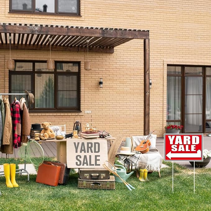 SUPERDANT 9Pcs Yard Sale Yard Sign with 18 Stakes Courtyard Auction Lawn Decorations Courtyard Sale Waterproof Sign Yard Outdoor Red and White Lawn Decorative Sign for Garden Lawn Decoration
